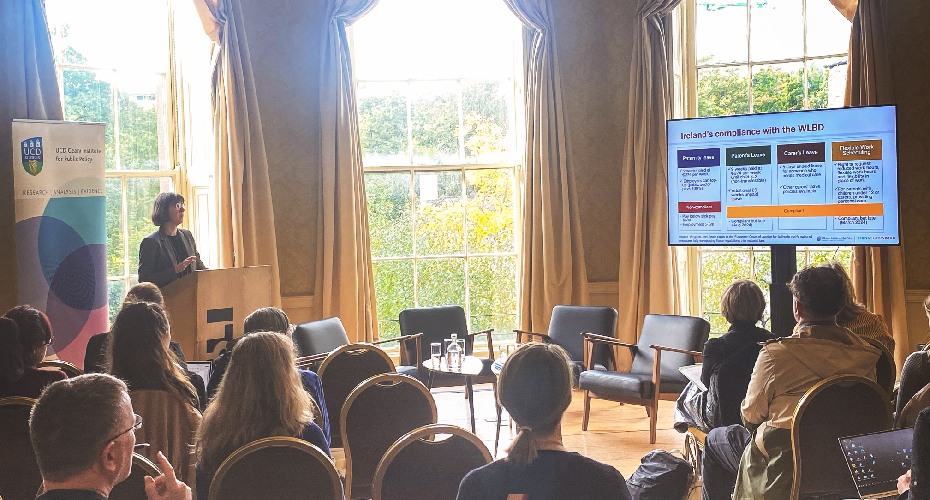 Woman presenting work in screen in front of audience